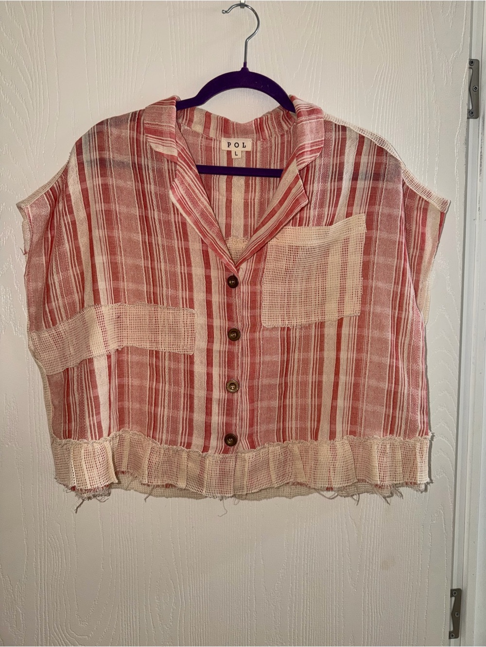 POL Red & Cream Striped Cropped Button Shirt